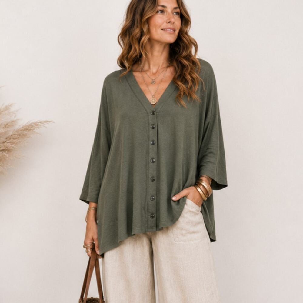 Susan Graver Weekend Knit Cardigan Sz XL Olive Green Soft Rayon Minimalist NWOT
